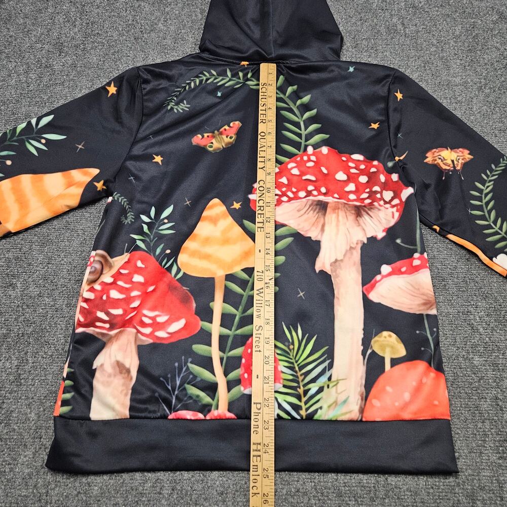 Mushroom Print Hoodie Womens Medium Black Multicolor Full Zip Cottagecore Y2K - Picture 6 of 7
